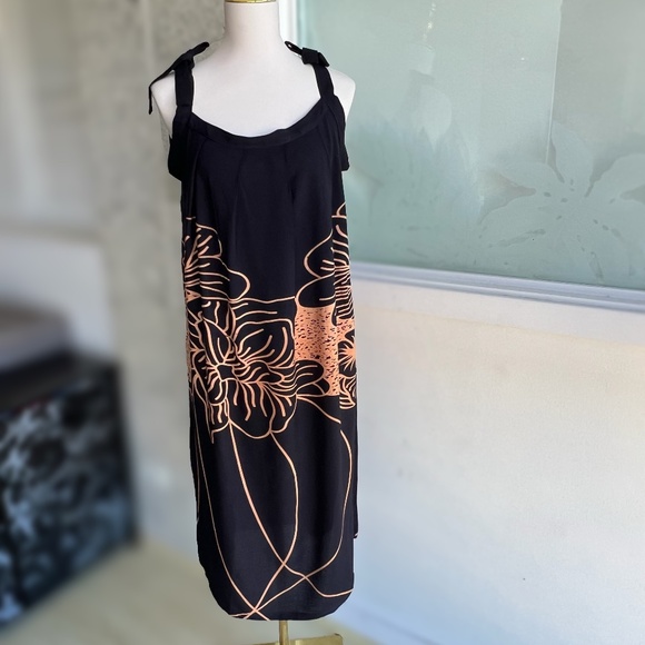 0064/ Black Brown Tie on Shoulder Dress - Picture 3 of 6